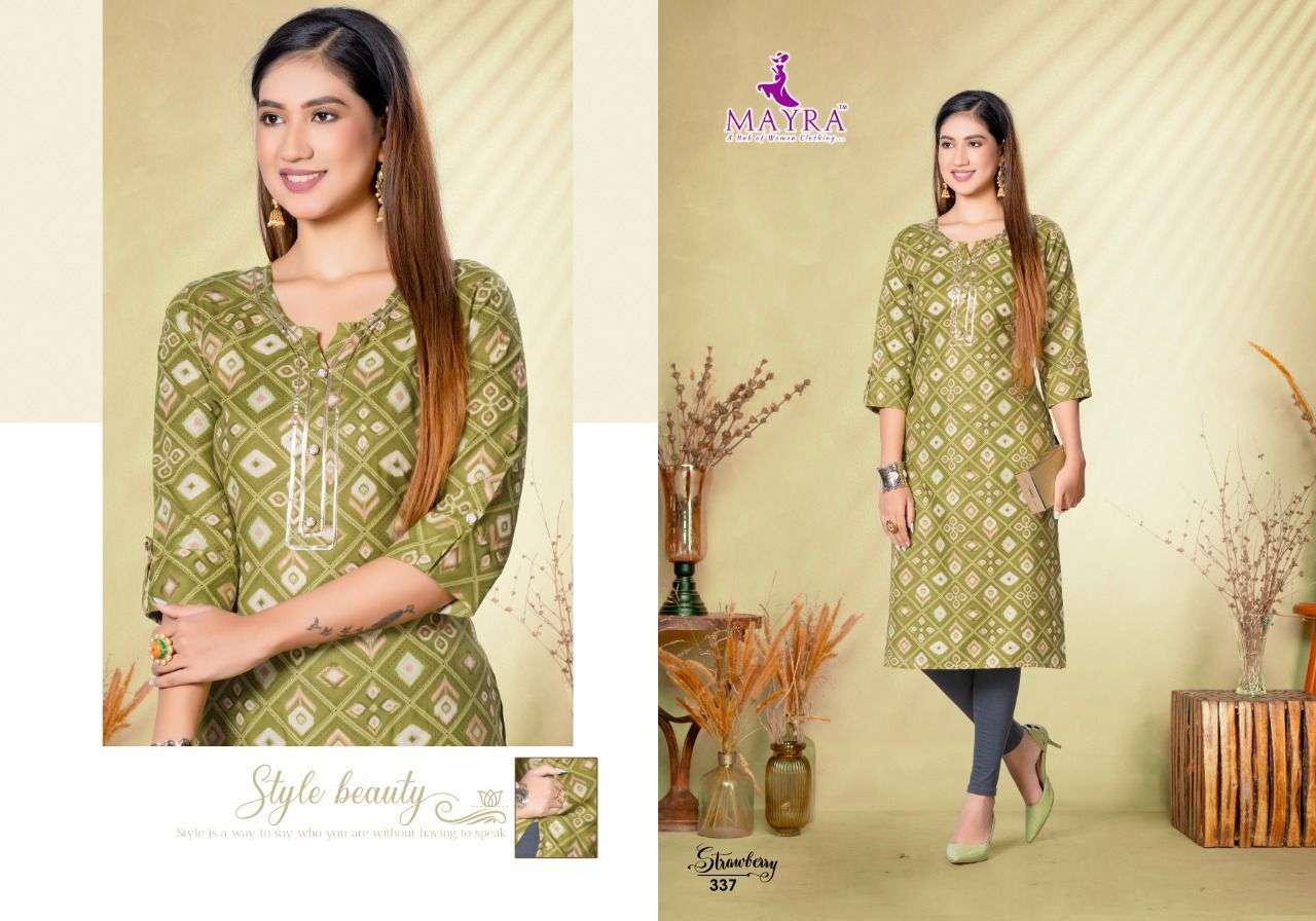 STRAWBERRY BY MAYRA 331 TO 338 SERIES DESIGNER STYLISH FANCY COLORFUL BEAUTIFUL PARTY WEAR & ETHNIC WEAR COLLECTION RAYON FOIL PRINT KURTIS AT WHOLESALE PRICE