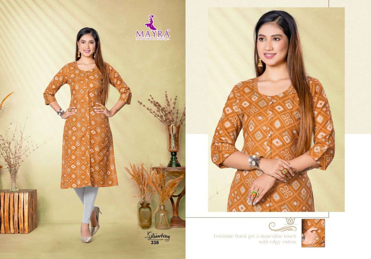 STRAWBERRY BY MAYRA 331 TO 338 SERIES DESIGNER STYLISH FANCY COLORFUL BEAUTIFUL PARTY WEAR & ETHNIC WEAR COLLECTION RAYON FOIL PRINT KURTIS AT WHOLESALE PRICE