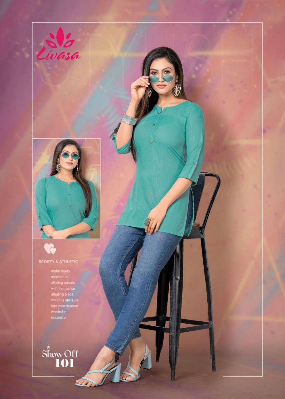 SHOW OFF BY LIVASA 101 TO 110 SERIES BEAUTIFUL STYLISH FANCY COLORFUL CASUAL WEAR & ETHNIC WEAR HEAVY RAYON EMBROIDERED TOPS AT WHOLESALE PRICE
