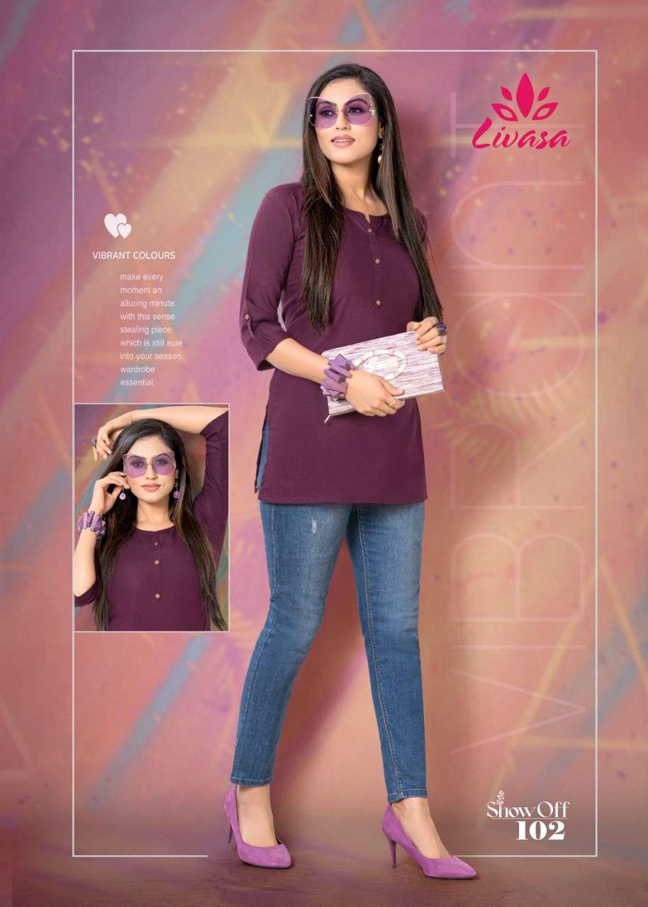 SHOW OFF BY LIVASA 101 TO 110 SERIES BEAUTIFUL STYLISH FANCY COLORFUL CASUAL WEAR & ETHNIC WEAR HEAVY RAYON EMBROIDERED TOPS AT WHOLESALE PRICE