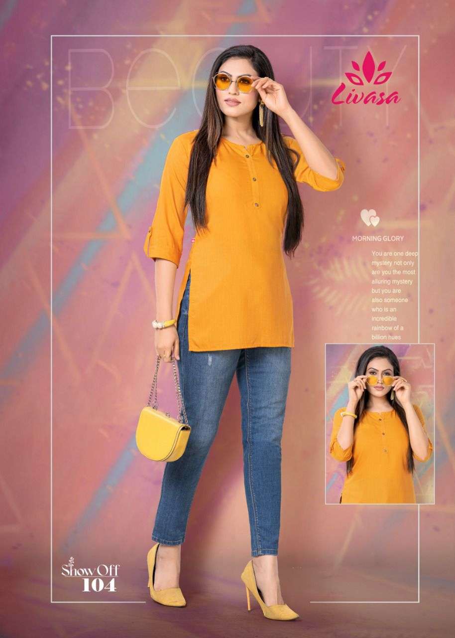 SHOW OFF BY LIVASA 101 TO 110 SERIES BEAUTIFUL STYLISH FANCY COLORFUL CASUAL WEAR & ETHNIC WEAR HEAVY RAYON EMBROIDERED TOPS AT WHOLESALE PRICE