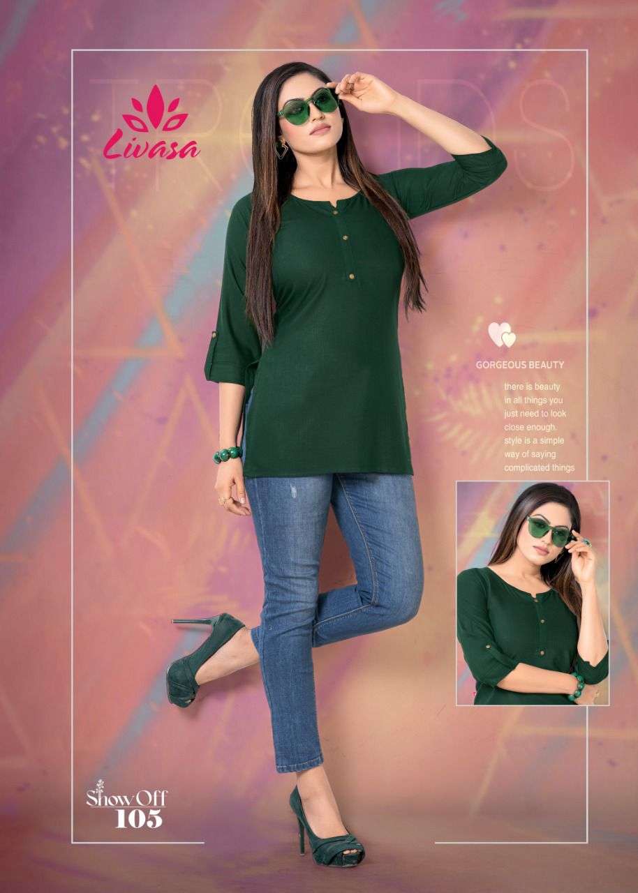SHOW OFF BY LIVASA 101 TO 110 SERIES BEAUTIFUL STYLISH FANCY COLORFUL CASUAL WEAR & ETHNIC WEAR HEAVY RAYON EMBROIDERED TOPS AT WHOLESALE PRICE