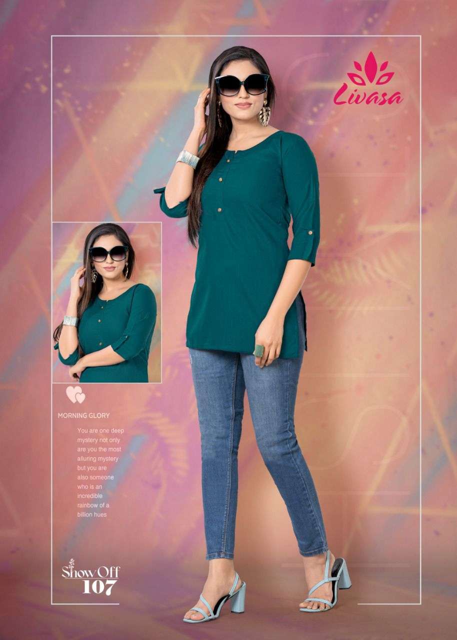 SHOW OFF BY LIVASA 101 TO 110 SERIES BEAUTIFUL STYLISH FANCY COLORFUL CASUAL WEAR & ETHNIC WEAR HEAVY RAYON EMBROIDERED TOPS AT WHOLESALE PRICE