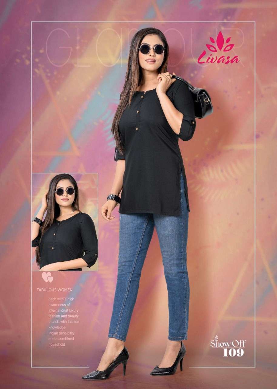 SHOW OFF BY LIVASA 101 TO 110 SERIES BEAUTIFUL STYLISH FANCY COLORFUL CASUAL WEAR & ETHNIC WEAR HEAVY RAYON EMBROIDERED TOPS AT WHOLESALE PRICE