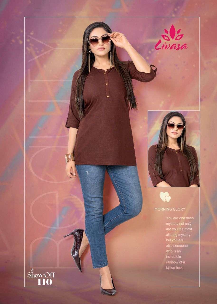 SHOW OFF BY LIVASA 101 TO 110 SERIES BEAUTIFUL STYLISH FANCY COLORFUL CASUAL WEAR & ETHNIC WEAR HEAVY RAYON EMBROIDERED TOPS AT WHOLESALE PRICE