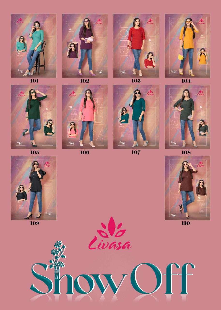SHOW OFF BY LIVASA 101 TO 110 SERIES BEAUTIFUL STYLISH FANCY COLORFUL CASUAL WEAR & ETHNIC WEAR HEAVY RAYON EMBROIDERED TOPS AT WHOLESALE PRICE