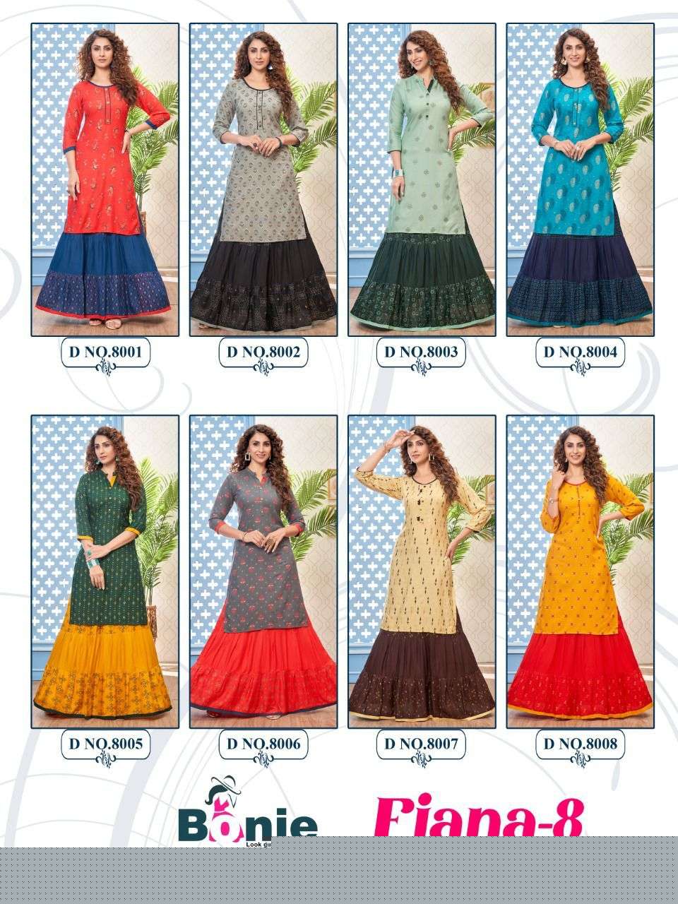 FIANA VOL-8 BY BONIE 8001 TO 8008 SERIES DESIGNER STYLISH FANCY COLORFUL BEAUTIFUL PARTY WEAR & ETHNIC WEAR COLLECTION PURE RAYON KURTIS AT WHOLESALE PRICE