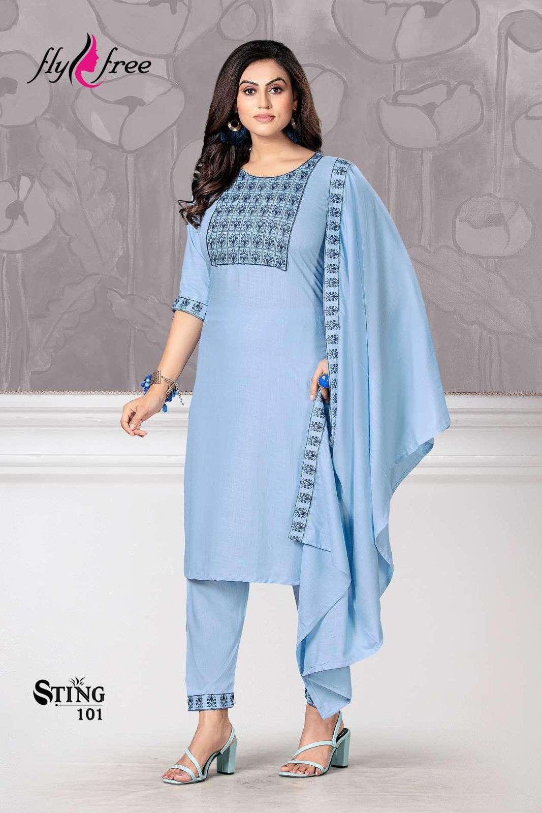 STING BY FLY FREE 101 TO 106 SERIES BEAUTIFUL SUITS COLORFUL STYLISH FANCY CASUAL WEAR & ETHNIC WEAR RAYON EMBROIDERED DRESSES AT WHOLESALE PRICE