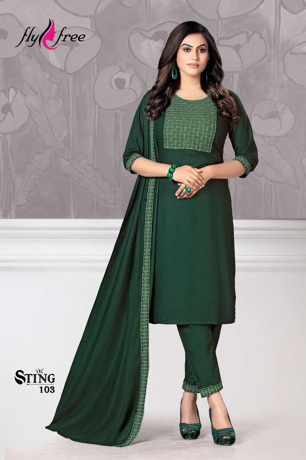 STING BY FLY FREE 101 TO 106 SERIES BEAUTIFUL SUITS COLORFUL STYLISH FANCY CASUAL WEAR & ETHNIC WEAR RAYON EMBROIDERED DRESSES AT WHOLESALE PRICE