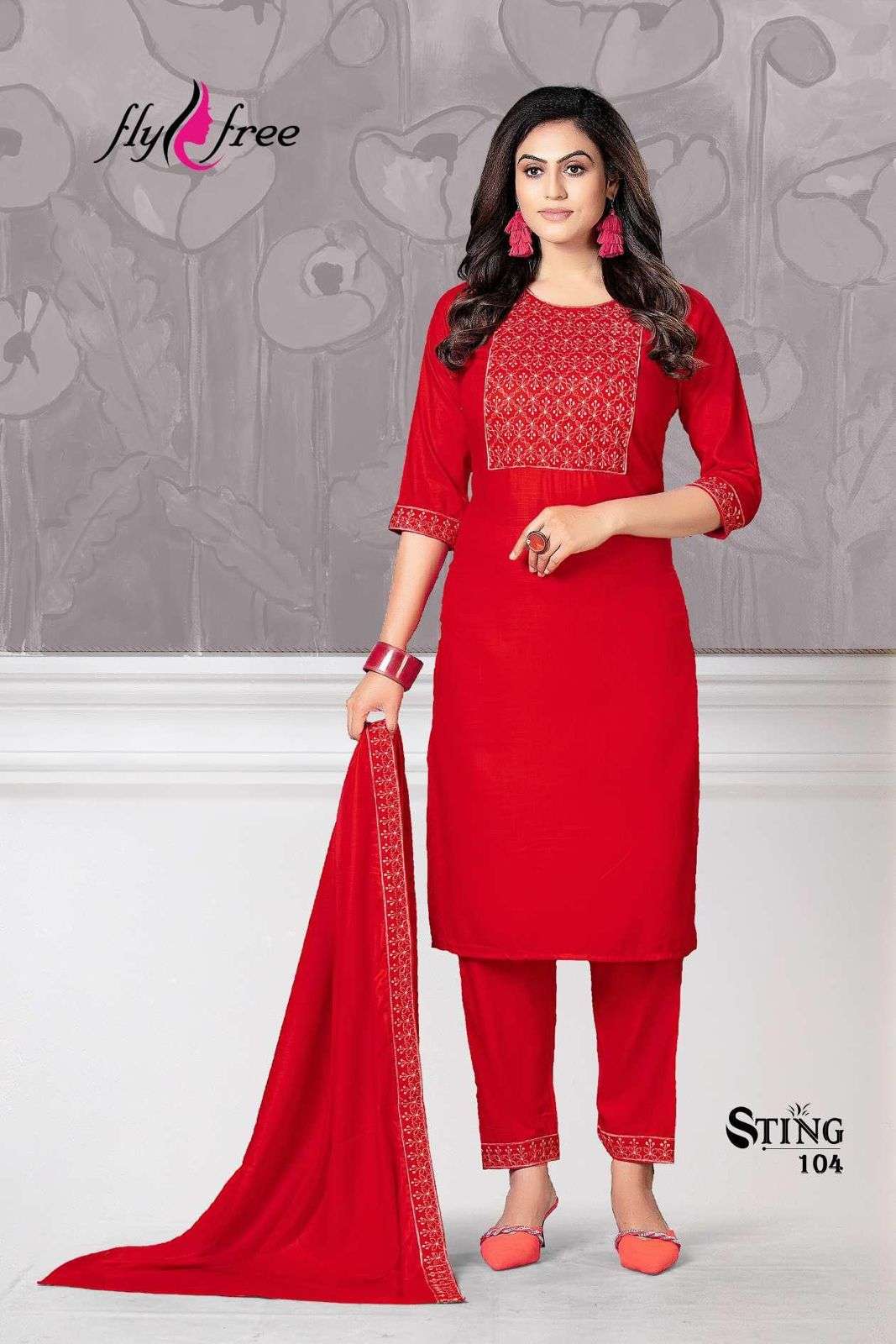 STING BY FLY FREE 101 TO 106 SERIES BEAUTIFUL SUITS COLORFUL STYLISH FANCY CASUAL WEAR & ETHNIC WEAR RAYON EMBROIDERED DRESSES AT WHOLESALE PRICE