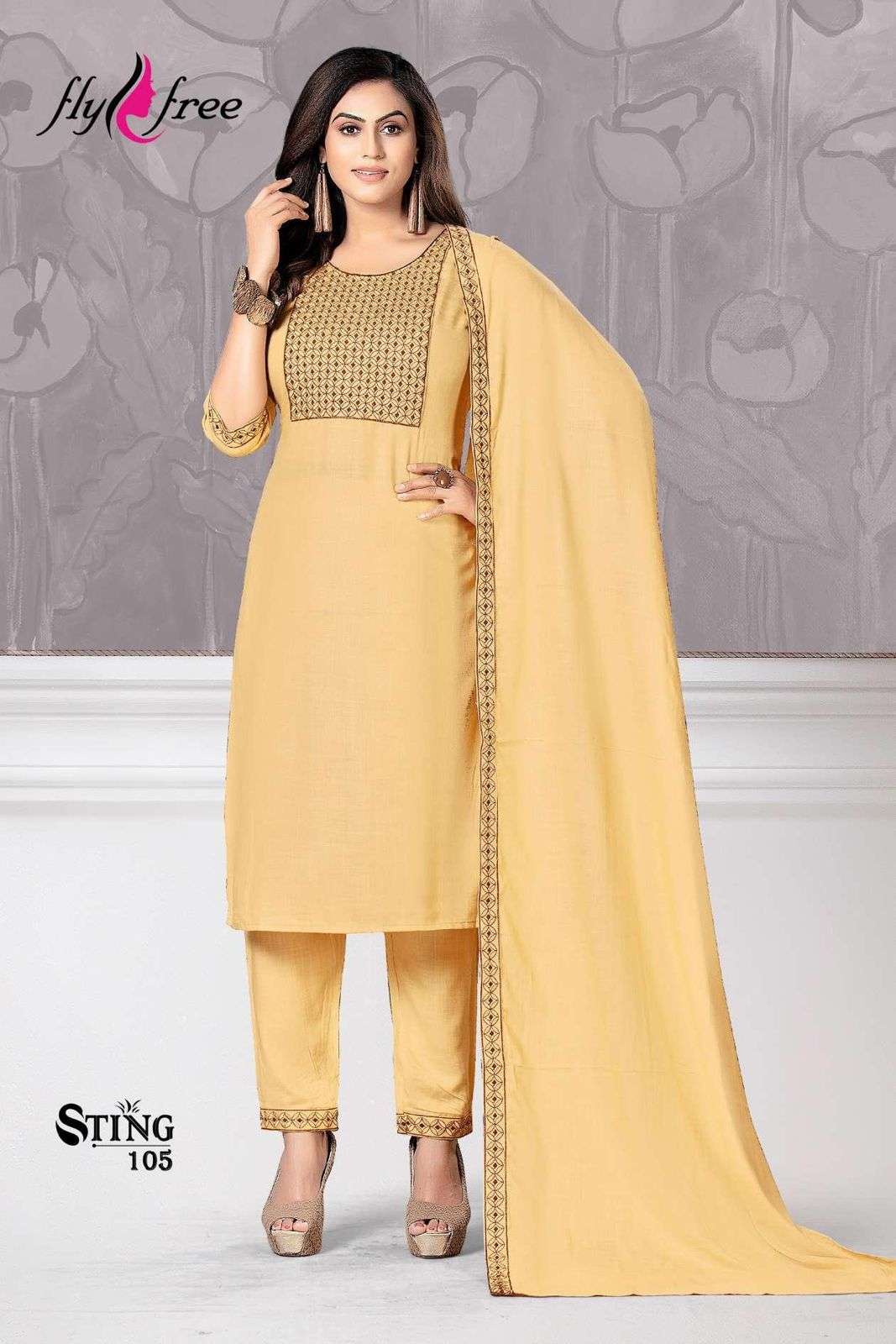 STING BY FLY FREE 101 TO 106 SERIES BEAUTIFUL SUITS COLORFUL STYLISH FANCY CASUAL WEAR & ETHNIC WEAR RAYON EMBROIDERED DRESSES AT WHOLESALE PRICE