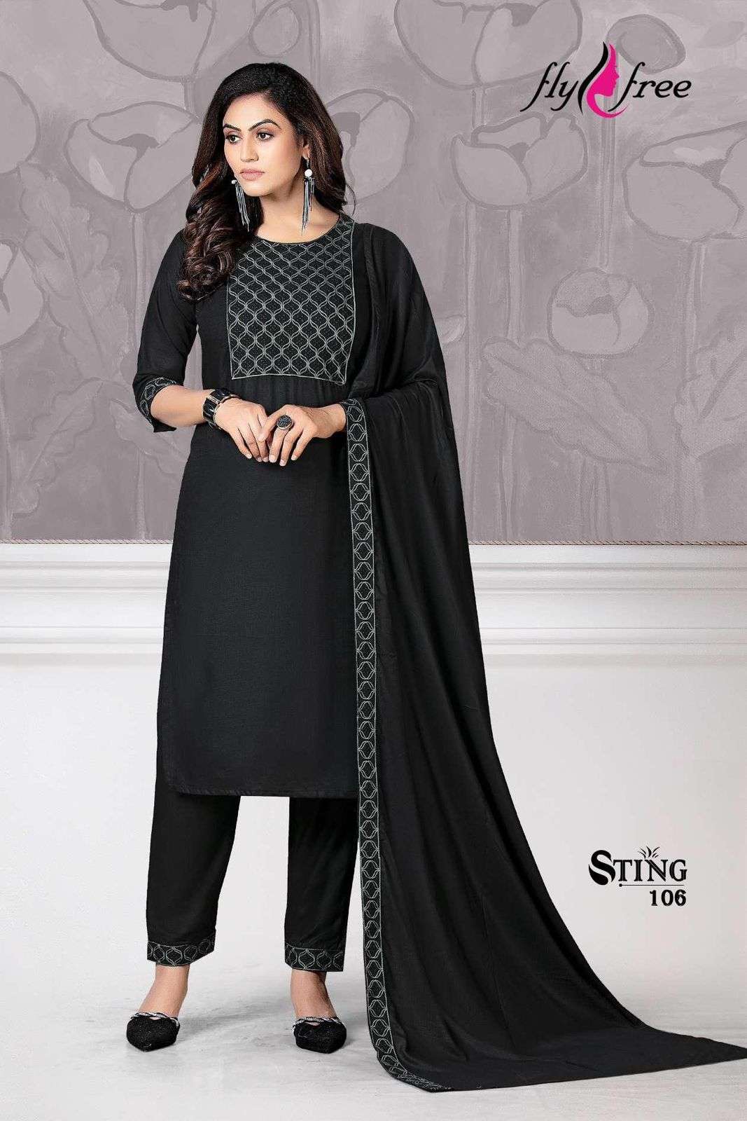 STING BY FLY FREE 101 TO 106 SERIES BEAUTIFUL SUITS COLORFUL STYLISH FANCY CASUAL WEAR & ETHNIC WEAR RAYON EMBROIDERED DRESSES AT WHOLESALE PRICE