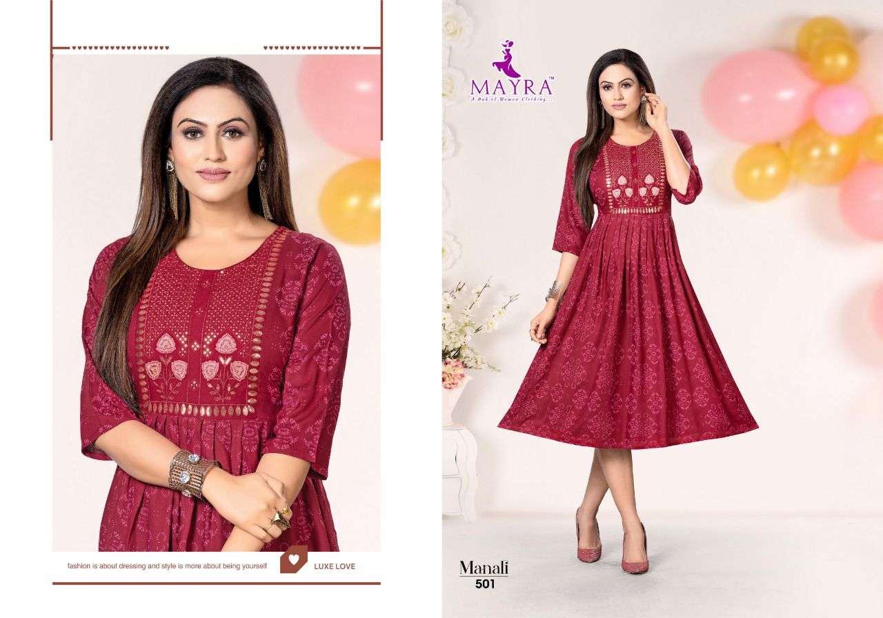 MANALI BY MAYRA 501 TO 508 SERIES DESIGNER STYLISH FANCY COLORFUL BEAUTIFUL PARTY WEAR & ETHNIC WEAR COLLECTION PURE RAYON KURTIS AT WHOLESALE PRICE