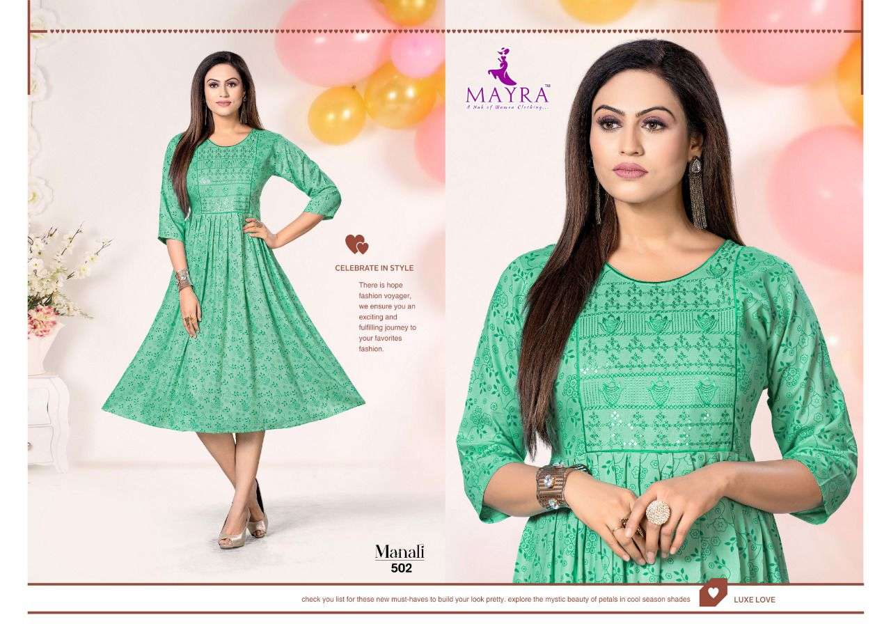 MANALI BY MAYRA 501 TO 508 SERIES DESIGNER STYLISH FANCY COLORFUL BEAUTIFUL PARTY WEAR & ETHNIC WEAR COLLECTION PURE RAYON KURTIS AT WHOLESALE PRICE