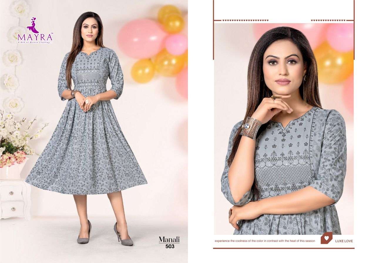 MANALI BY MAYRA 501 TO 508 SERIES DESIGNER STYLISH FANCY COLORFUL BEAUTIFUL PARTY WEAR & ETHNIC WEAR COLLECTION PURE RAYON KURTIS AT WHOLESALE PRICE