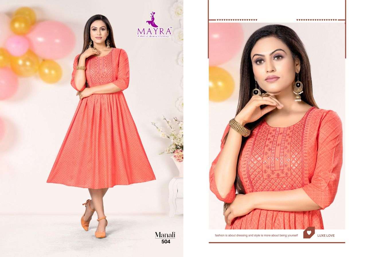 MANALI BY MAYRA 501 TO 508 SERIES DESIGNER STYLISH FANCY COLORFUL BEAUTIFUL PARTY WEAR & ETHNIC WEAR COLLECTION PURE RAYON KURTIS AT WHOLESALE PRICE