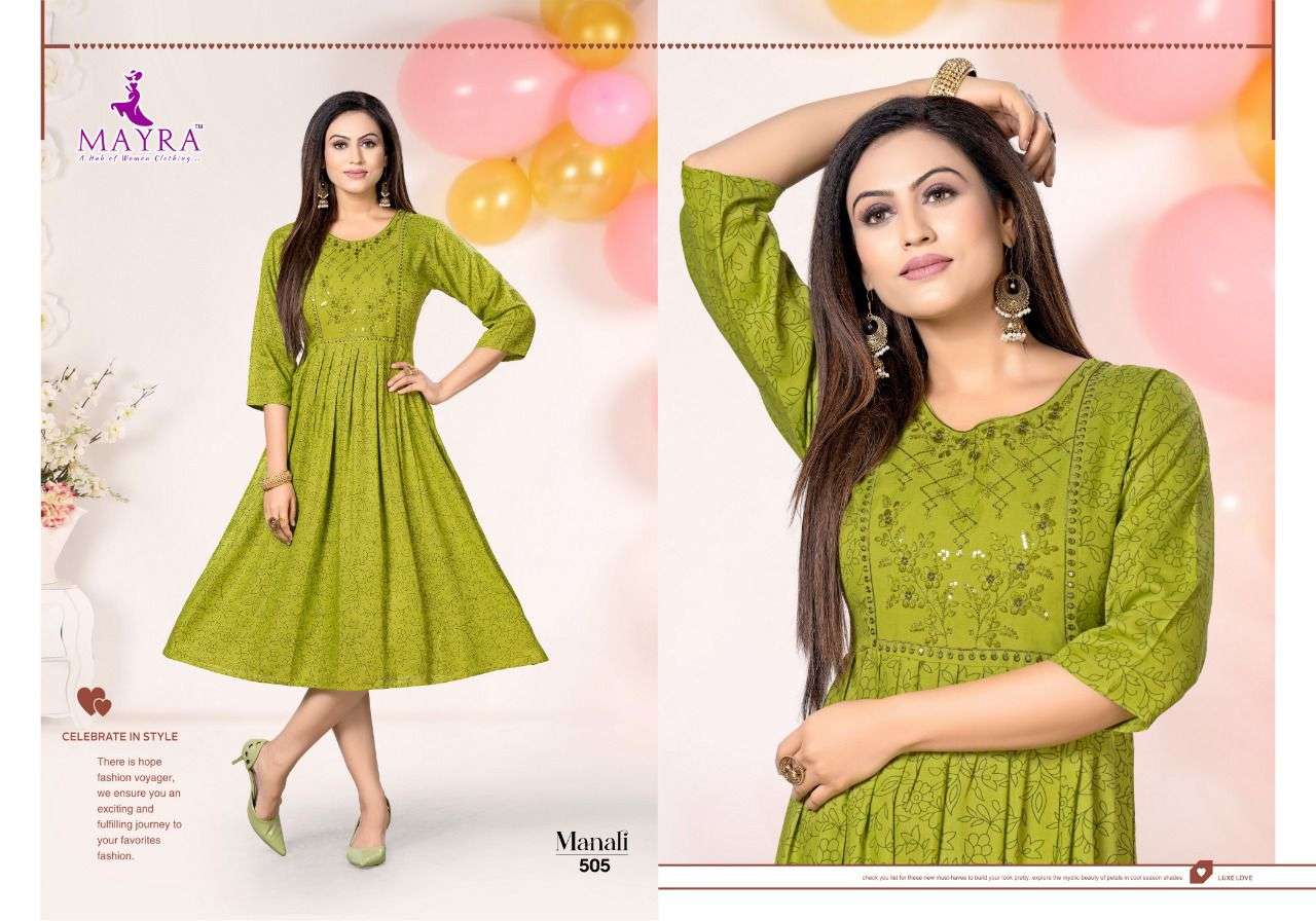MANALI BY MAYRA 501 TO 508 SERIES DESIGNER STYLISH FANCY COLORFUL BEAUTIFUL PARTY WEAR & ETHNIC WEAR COLLECTION PURE RAYON KURTIS AT WHOLESALE PRICE