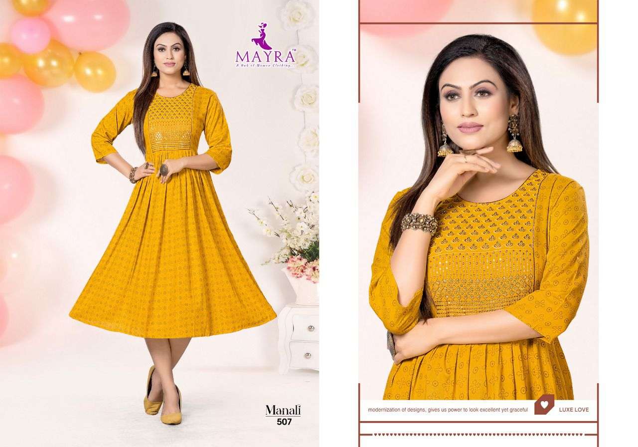 MANALI BY MAYRA 501 TO 508 SERIES DESIGNER STYLISH FANCY COLORFUL BEAUTIFUL PARTY WEAR & ETHNIC WEAR COLLECTION PURE RAYON KURTIS AT WHOLESALE PRICE