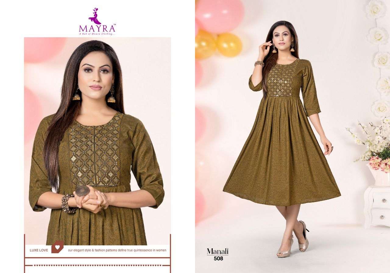 MANALI BY MAYRA 501 TO 508 SERIES DESIGNER STYLISH FANCY COLORFUL BEAUTIFUL PARTY WEAR & ETHNIC WEAR COLLECTION PURE RAYON KURTIS AT WHOLESALE PRICE