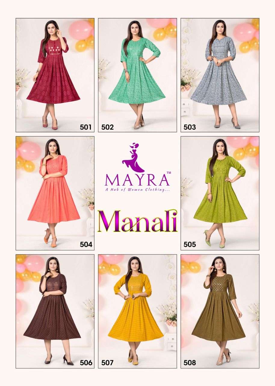 MANALI BY MAYRA 501 TO 508 SERIES DESIGNER STYLISH FANCY COLORFUL BEAUTIFUL PARTY WEAR & ETHNIC WEAR COLLECTION PURE RAYON KURTIS AT WHOLESALE PRICE