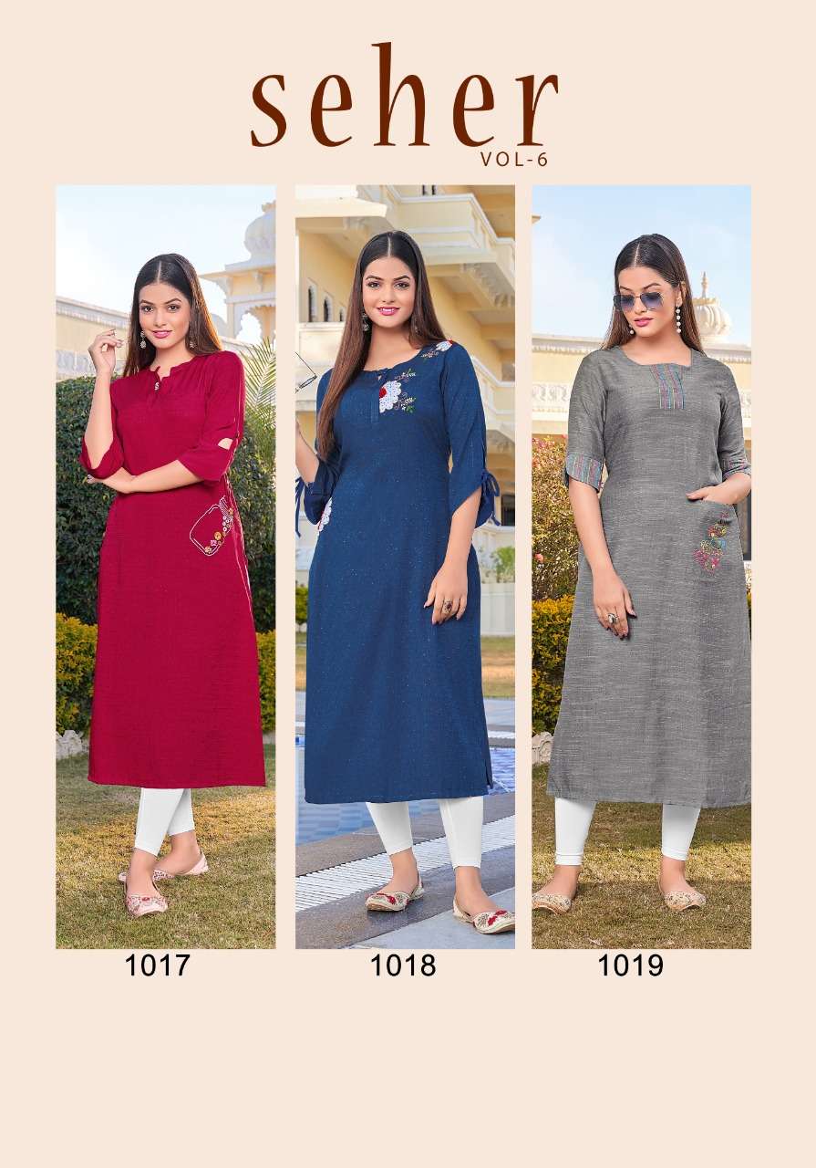 SEHER VOL-6 BY VIVILS PRINTS 1017 TO 1021 SERIES DESIGNER STYLISH FANCY COLORFUL BEAUTIFUL PARTY WEAR & ETHNIC WEAR COLLECTION PURE RAYON KURTIS AT WHOLESALE PRICE