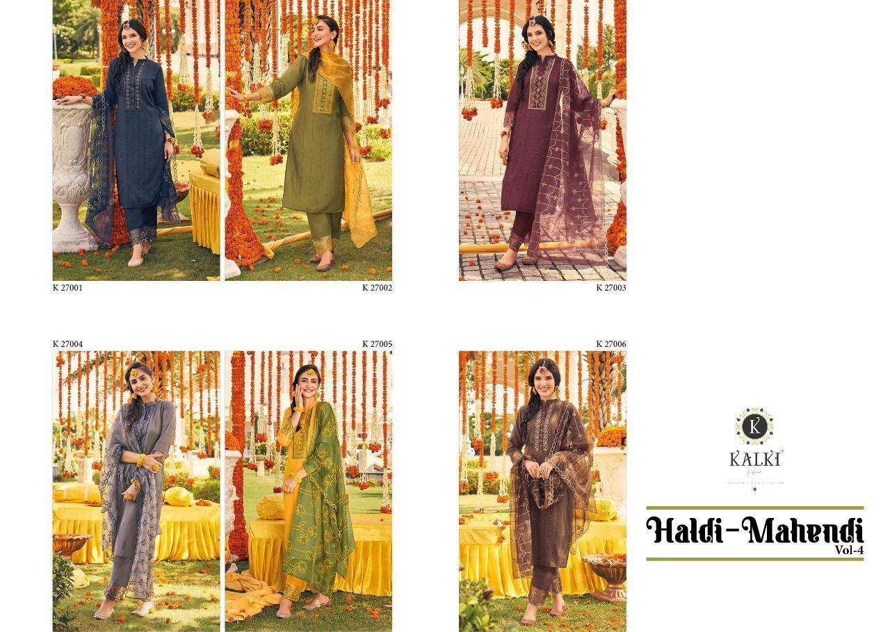 HALDI MAHENDI VOL-4 BY KALKI 27001 TO 27006 SERIES BEAUTIFUL SUITS COLORFUL STYLISH FANCY CASUAL WEAR & ETHNIC WEAR PURE VISCOSE SILK EMBROIDERED DRESSES AT WHOLESALE PRICE