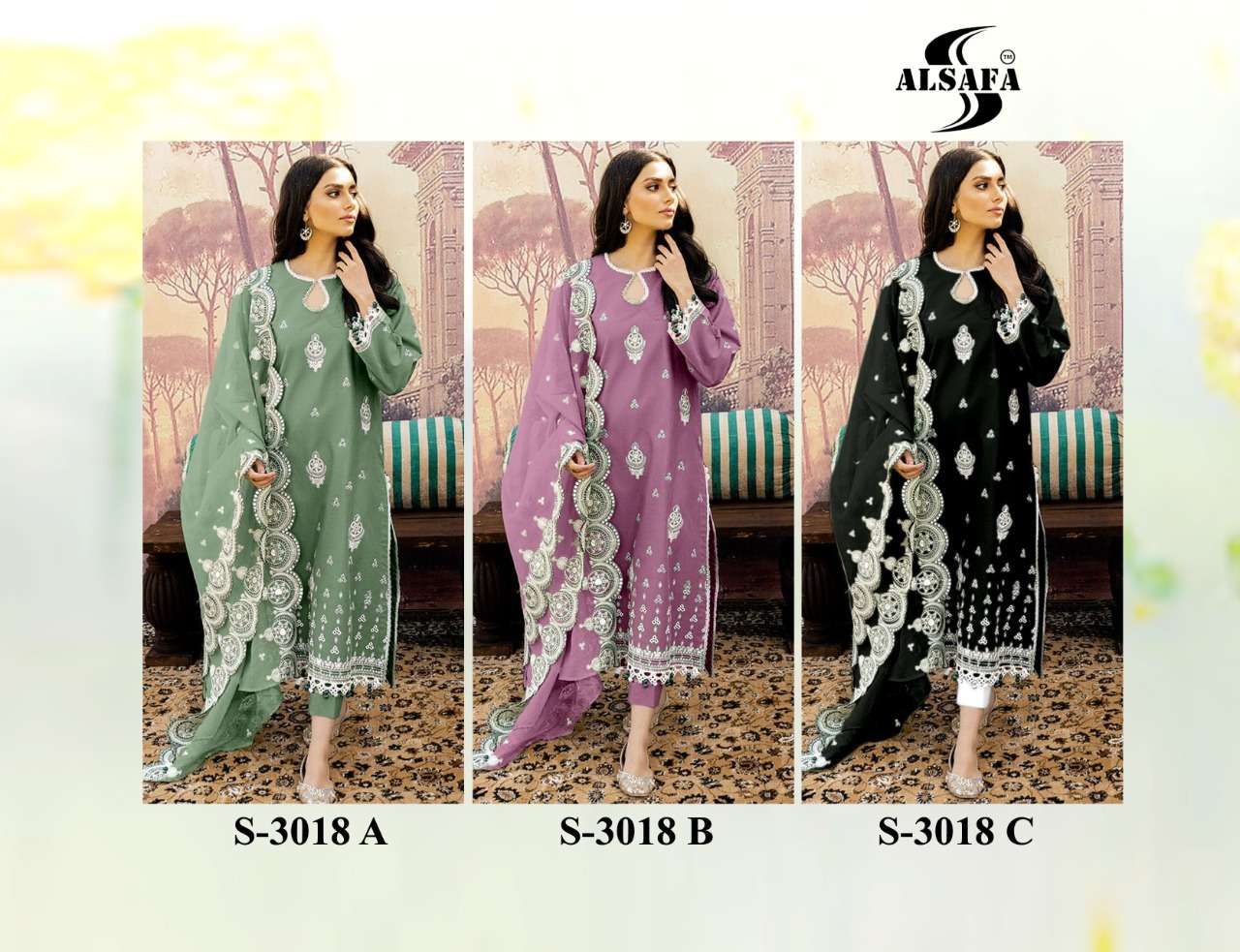 AL SAFA 3018 COLOURS BY AL SAFA 3018-A TO 3018-C SERIES BEAUTIFUL PAKISTANI SUITS COLORFUL STYLISH FANCY CASUAL WEAR & ETHNIC WEAR FAUX GEORGETTE DRESSES AT WHOLESALE PRICE