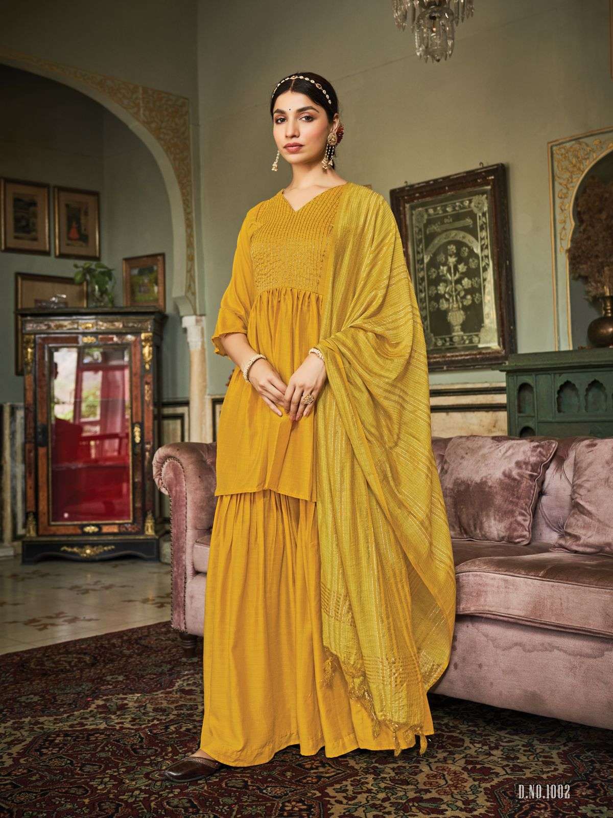NAKKASHI BY KURTI TIMES 1001 TO 1005 SERIES BEAUTIFUL SHARARA SUITS COLORFUL STYLISH FANCY CASUAL WEAR & ETHNIC WEAR CHINNON SILK DRESSES AT WHOLESALE PRICE