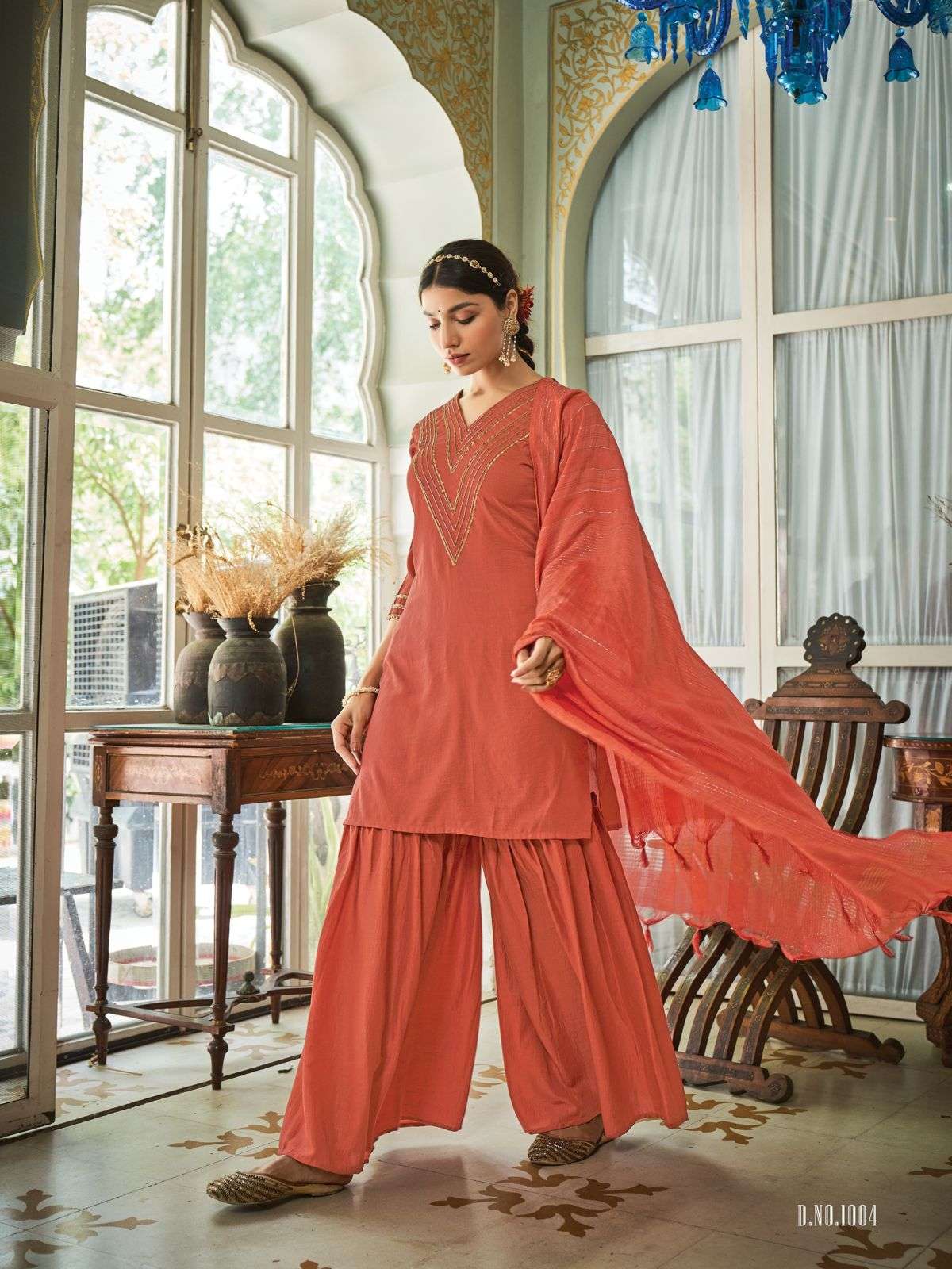 NAKKASHI BY KURTI TIMES 1001 TO 1005 SERIES BEAUTIFUL SHARARA SUITS COLORFUL STYLISH FANCY CASUAL WEAR & ETHNIC WEAR CHINNON SILK DRESSES AT WHOLESALE PRICE