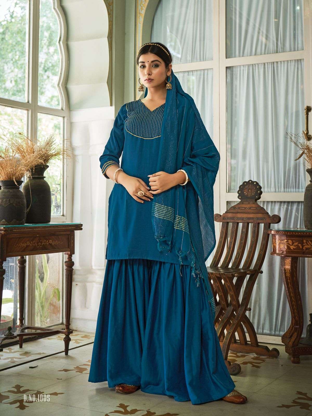 NAKKASHI BY KURTI TIMES 1001 TO 1005 SERIES BEAUTIFUL SHARARA SUITS COLORFUL STYLISH FANCY CASUAL WEAR & ETHNIC WEAR CHINNON SILK DRESSES AT WHOLESALE PRICE