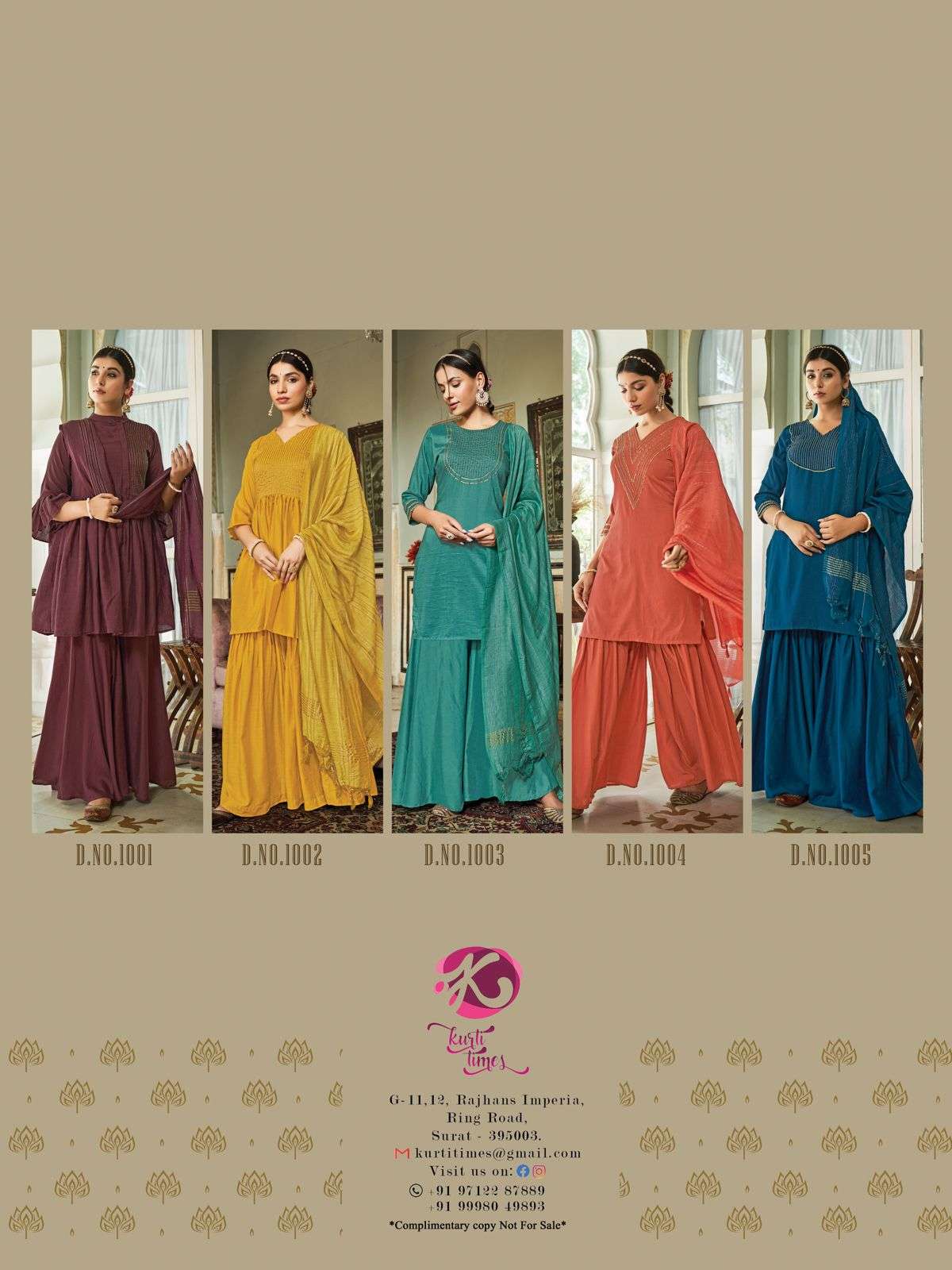 NAKKASHI BY KURTI TIMES 1001 TO 1005 SERIES BEAUTIFUL SHARARA SUITS COLORFUL STYLISH FANCY CASUAL WEAR & ETHNIC WEAR CHINNON SILK DRESSES AT WHOLESALE PRICE