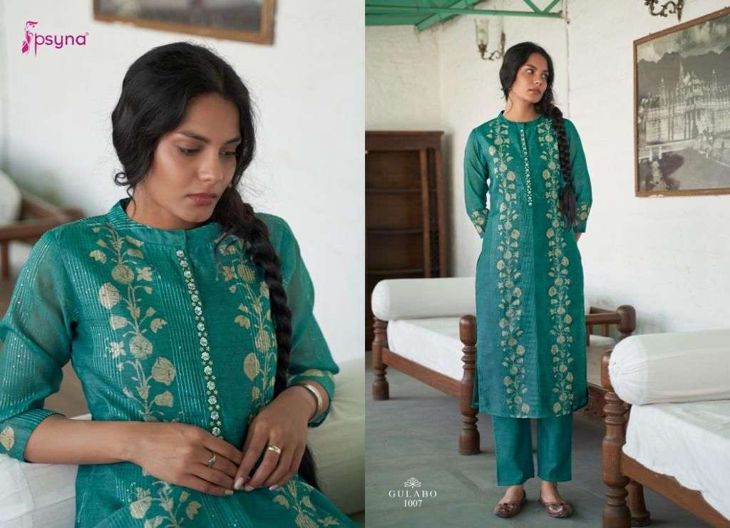 GULABO BY PSYNA 1001 TO 1008 SERIES DESIGNER STYLISH FANCY COLORFUL BEAUTIFUL PARTY WEAR & ETHNIC WEAR COLLECTION CHANDERI SILK KURTIS WITH BOTTOM AT WHOLESALE PRICE