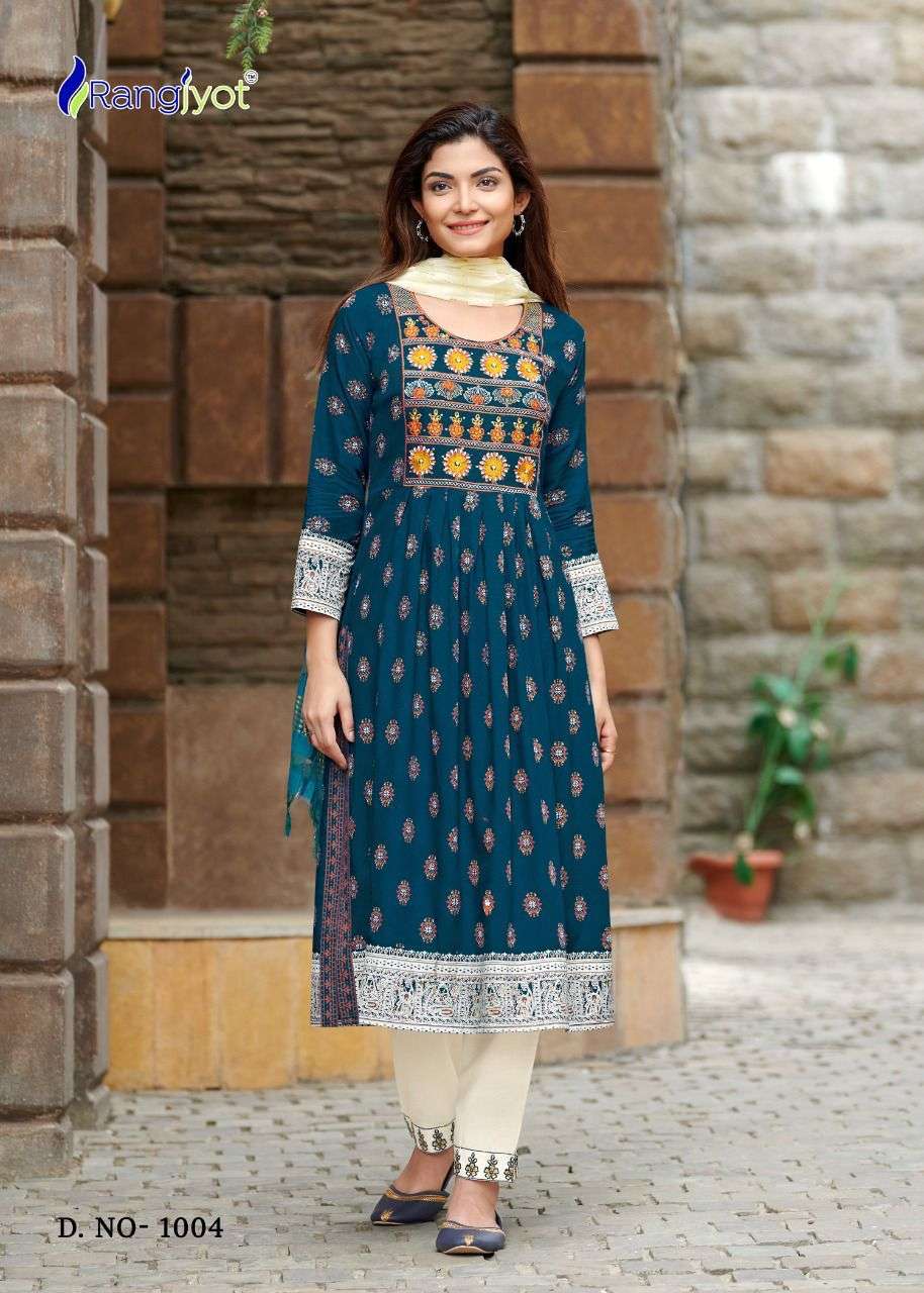 RANG MANCH BY RANGJYOT FASHION 1001 TO 1008 SERIES BEAUTIFUL SUITS COLORFUL STYLISH FANCY CASUAL WEAR & ETHNIC WEAR RAYON PRINT DRESSES AT WHOLESALE PRICE
