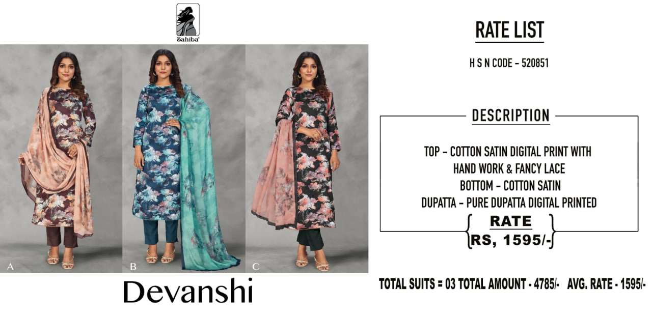 DEVANSHI BY SAHIBA FABRICS A TO C SERIES BEAUTIFUL SUITS COLORFUL STYLISH FANCY CASUAL WEAR & ETHNIC WEAR COTTON SATIN PRINT DRESSES AT WHOLESALE PRICE