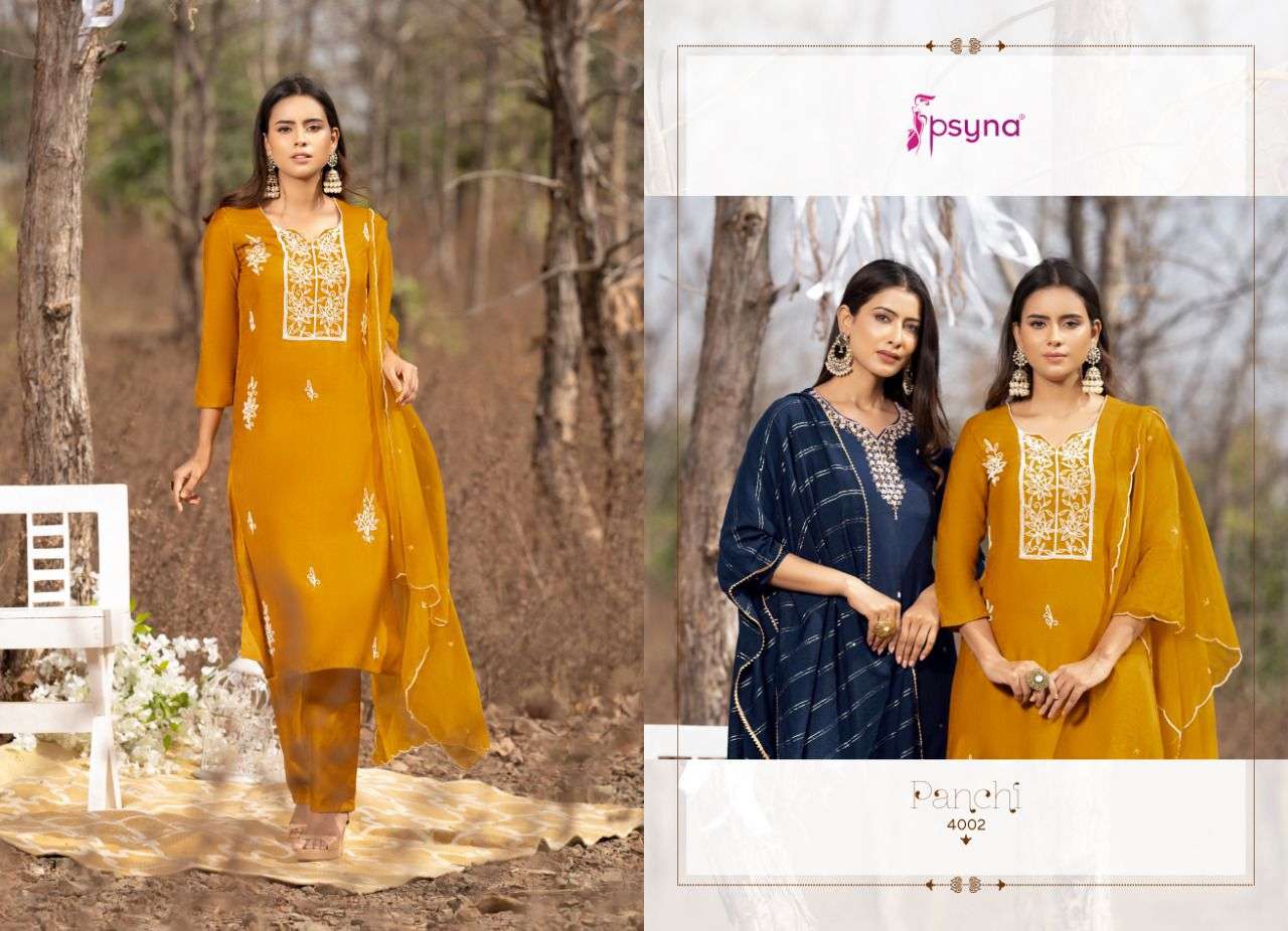 PANCHI VOL-4 BY PSYNA 4001 TO 4006 SERIES BEAUTIFUL SUITS COLORFUL STYLISH FANCY CASUAL WEAR & ETHNIC WEAR MUSLIN DRESSES AT WHOLESALE PRICE