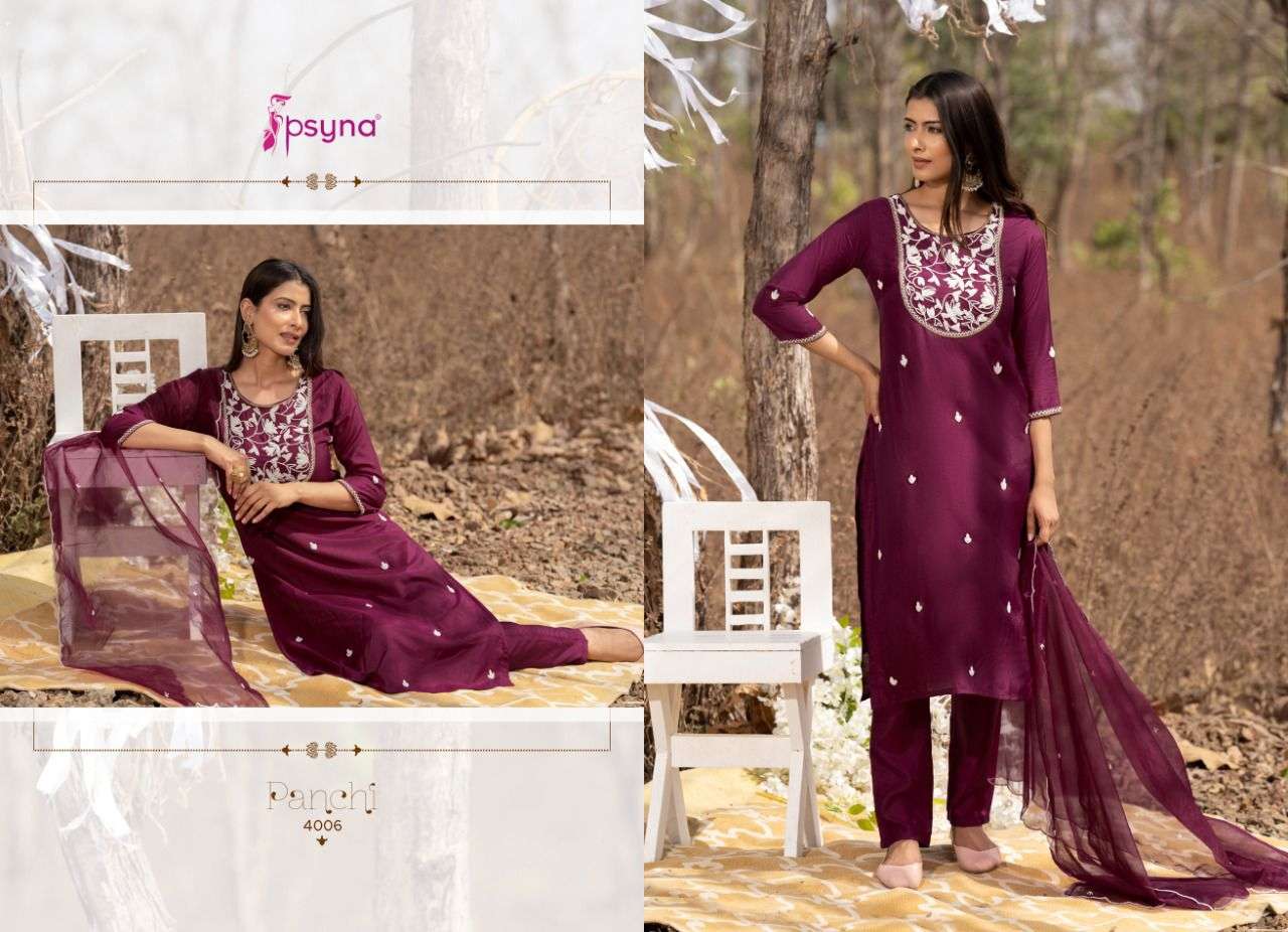 PANCHI VOL-4 BY PSYNA 4001 TO 4006 SERIES BEAUTIFUL SUITS COLORFUL STYLISH FANCY CASUAL WEAR & ETHNIC WEAR MUSLIN DRESSES AT WHOLESALE PRICE