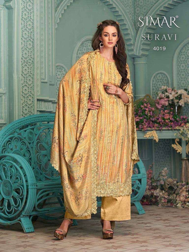 SURAVI BY GLOSSY 4014 TO 4019 SERIES BEAUTIFUL SUITS COLORFUL STYLISH FANCY CASUAL WEAR & ETHNIC WEAR VISCOSE MUSLIN DRESSES AT WHOLESALE PRICE