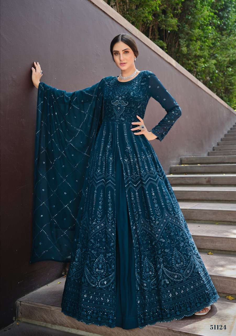 SAINA BY FIONA 51121 TO 51124 SERIES BEAUTIFUL STYLISH FANCY COLORFUL CASUAL WEAR & ETHNIC WEAR GEORGETTE GOWNS WITH DUPATTA AT WHOLESALE PRICE