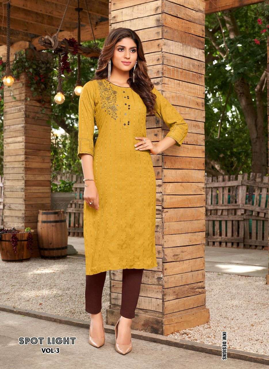 SPOT LIGHT VOL-3 BY IKW 1001 TO 1008 SERIES DESIGNER STYLISH FANCY COLORFUL BEAUTIFUL PARTY WEAR & ETHNIC WEAR COLLECTION VISCOSE RAYON KURTIS AT WHOLESALE PRICE