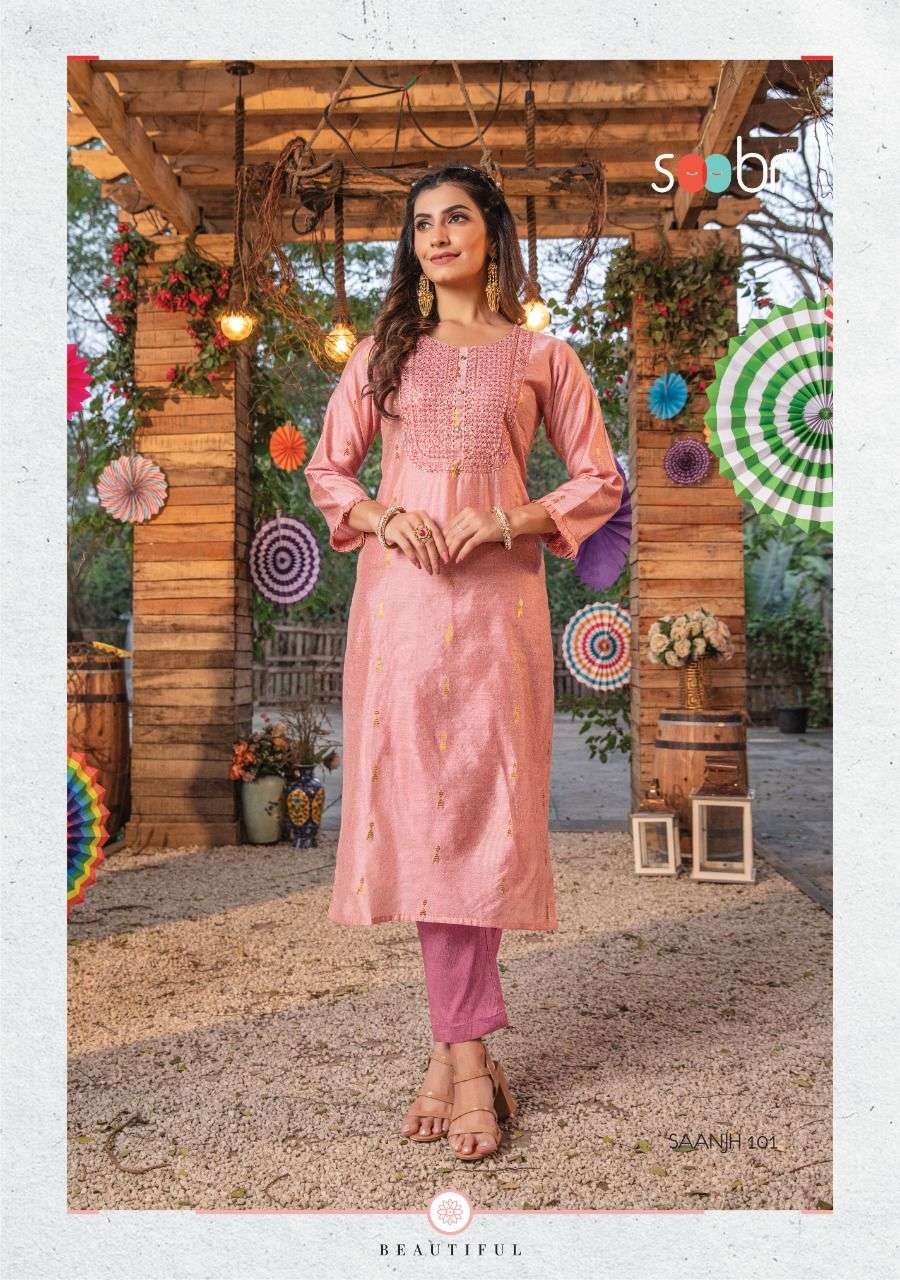 SAANJH BY SOOBR 101 TO 106 SERIES DESIGNER STYLISH FANCY COLORFUL BEAUTIFUL PARTY WEAR & ETHNIC WEAR COLLECTION SILK KURTIS AT WHOLESALE PRICE