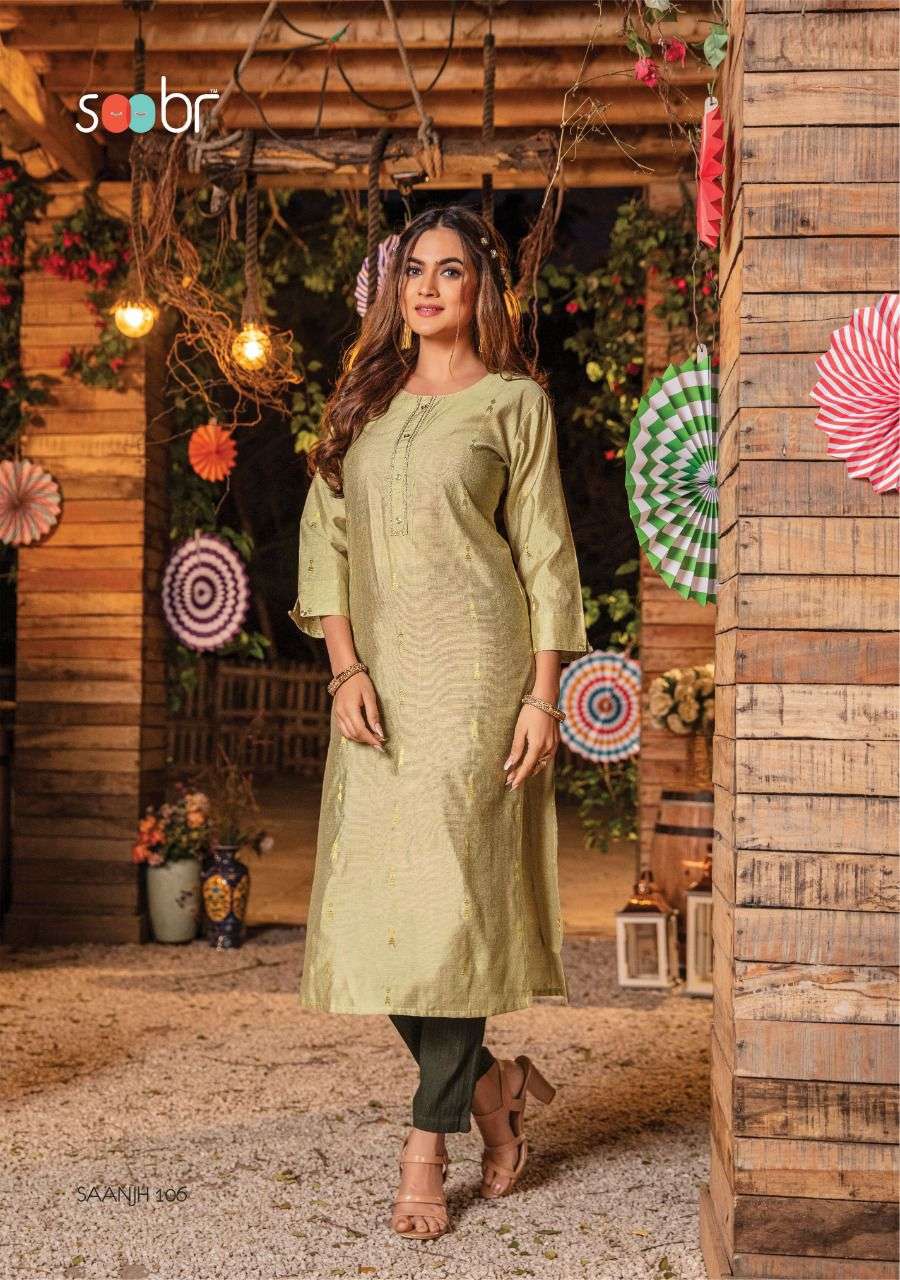 SAANJH BY SOOBR 101 TO 106 SERIES DESIGNER STYLISH FANCY COLORFUL BEAUTIFUL PARTY WEAR & ETHNIC WEAR COLLECTION SILK KURTIS AT WHOLESALE PRICE