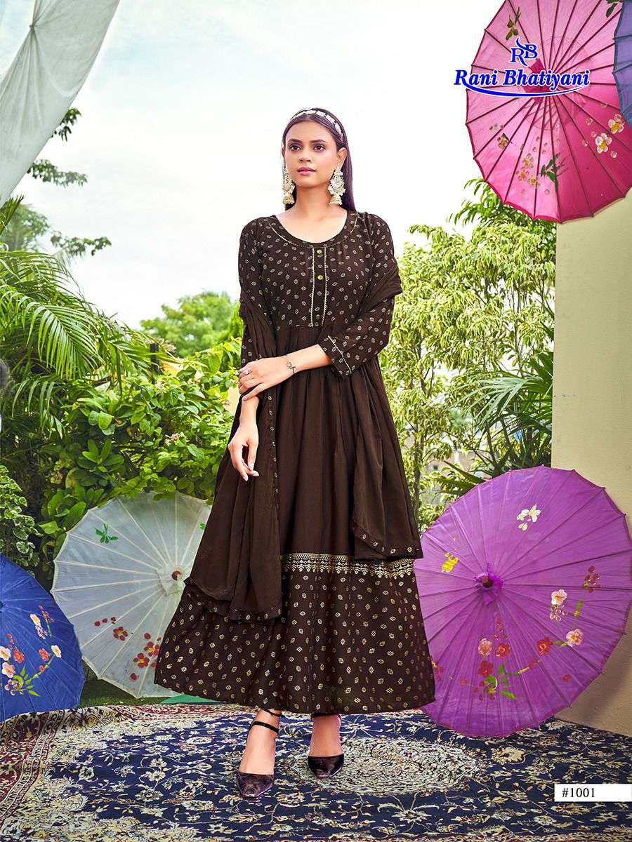 AAROHI VOL-2 BY RANI BHATIYANI 1001 TO 1008 SERIES BEAUTIFUL STYLISH FANCY COLORFUL CASUAL WEAR & ETHNIC WEAR RAYON FOIL GOWNS WITH DUPATTA AT WHOLESALE PRICE