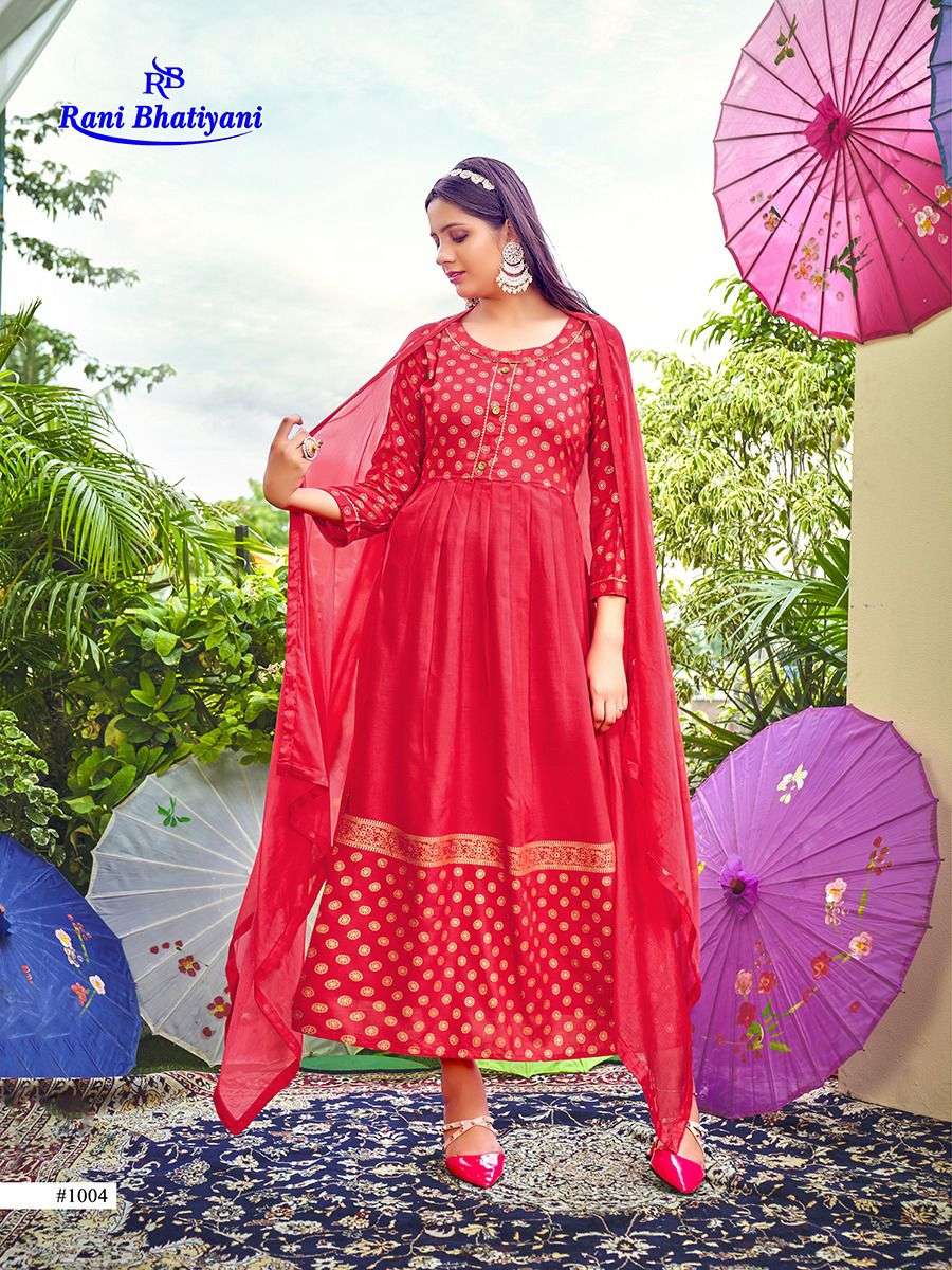 AAROHI VOL-2 BY RANI BHATIYANI 1001 TO 1008 SERIES BEAUTIFUL STYLISH FANCY COLORFUL CASUAL WEAR & ETHNIC WEAR RAYON FOIL GOWNS WITH DUPATTA AT WHOLESALE PRICE
