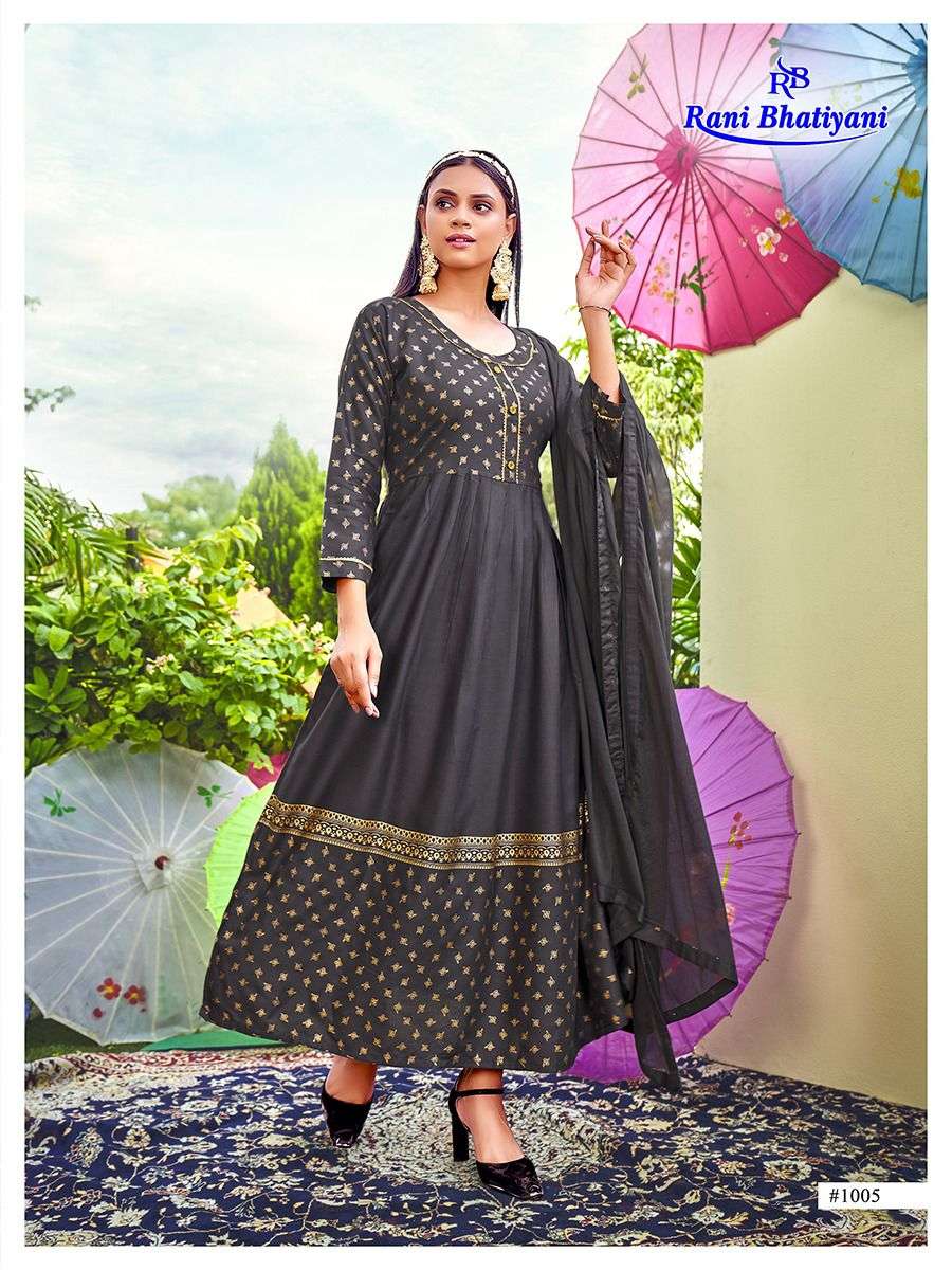 AAROHI VOL-2 BY RANI BHATIYANI 1001 TO 1008 SERIES BEAUTIFUL STYLISH FANCY COLORFUL CASUAL WEAR & ETHNIC WEAR RAYON FOIL GOWNS WITH DUPATTA AT WHOLESALE PRICE