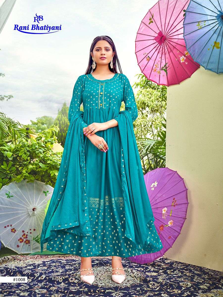 AAROHI VOL-2 BY RANI BHATIYANI 1001 TO 1008 SERIES BEAUTIFUL STYLISH FANCY COLORFUL CASUAL WEAR & ETHNIC WEAR RAYON FOIL GOWNS WITH DUPATTA AT WHOLESALE PRICE