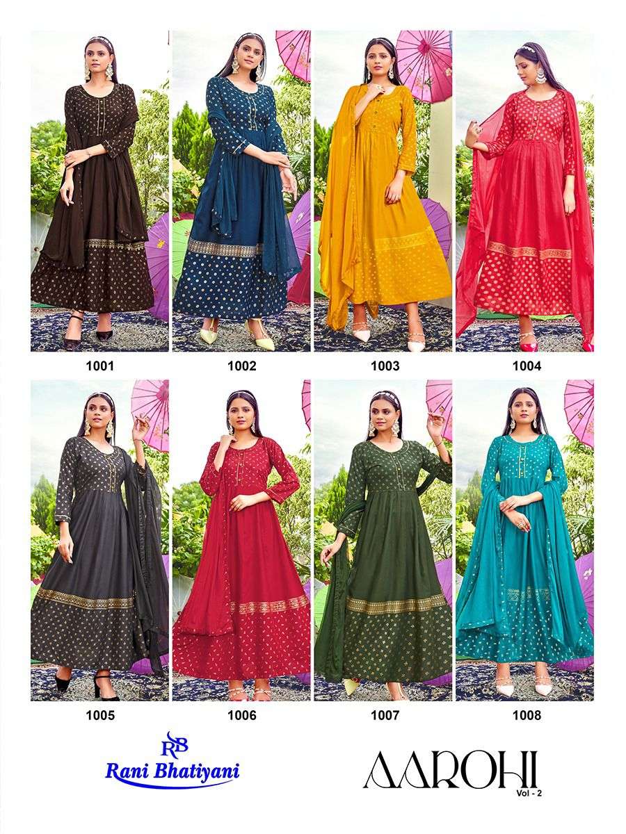 AAROHI VOL-2 BY RANI BHATIYANI 1001 TO 1008 SERIES BEAUTIFUL STYLISH FANCY COLORFUL CASUAL WEAR & ETHNIC WEAR RAYON FOIL GOWNS WITH DUPATTA AT WHOLESALE PRICE