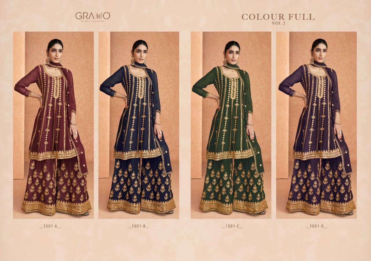 COLOUR FULL VOL-2 BY GRAMO 1001-A TO 1001-D SERIES BEAUTIFUL SHARARA SUITS COLORFUL STYLISH FANCY CASUAL WEAR & ETHNIC WEAR FAUX GEORGETTE DRESSES AT WHOLESALE PRICE