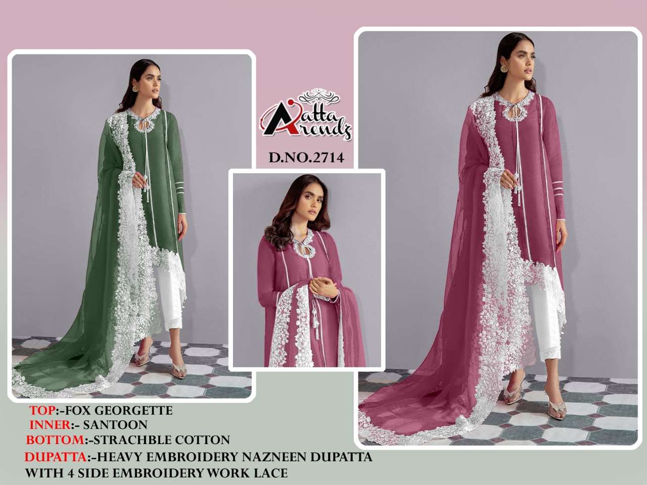 ATTA TRENDZ 2714 COLOURS BY ATTA TRENDZ 2714-A TO 2714-B SERIES BEAUTIFUL PAKISTANI SUITS COLORFUL STYLISH FANCY CASUAL WEAR & ETHNIC WEAR PURE GEORGETTE DRESSES AT WHOLESALE PRICE