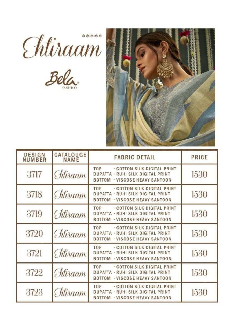 EHTIRAAM BY BELA FASHION 3717 TO 3722 SERIES BEAUTIFUL SUITS COLORFUL STYLISH FANCY CASUAL WEAR & ETHNIC WEAR COTTON SILK PRINT DRESSES AT WHOLESALE PRICE