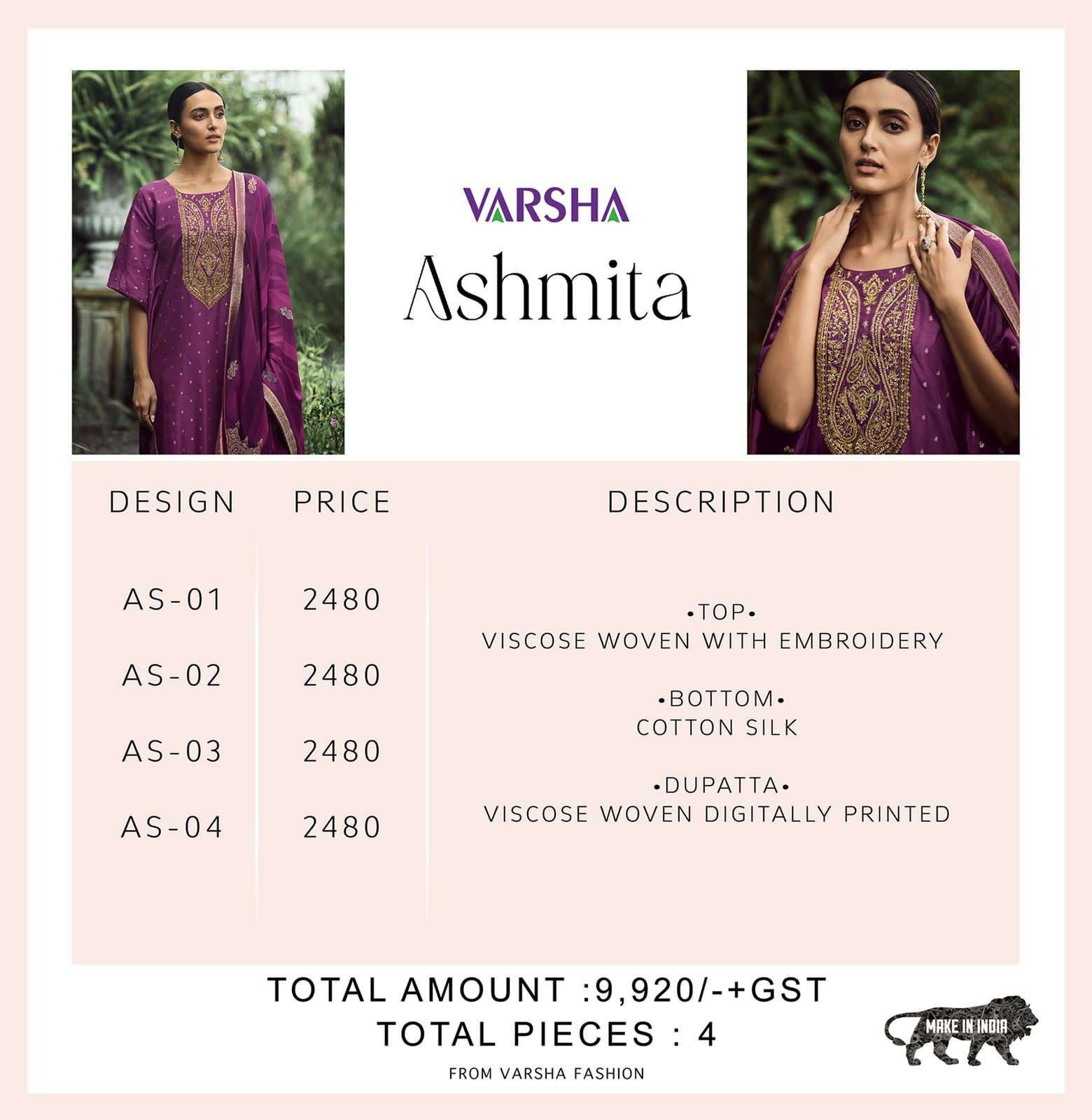 ASHMITA BY VARSHA FASHION 01 TO 04 SERIES BEAUTIFUL SUITS COLORFUL STYLISH FANCY CASUAL WEAR & ETHNIC WEAR VISCOSE EMBRODERED DRESSES AT WHOLESALE PRICE